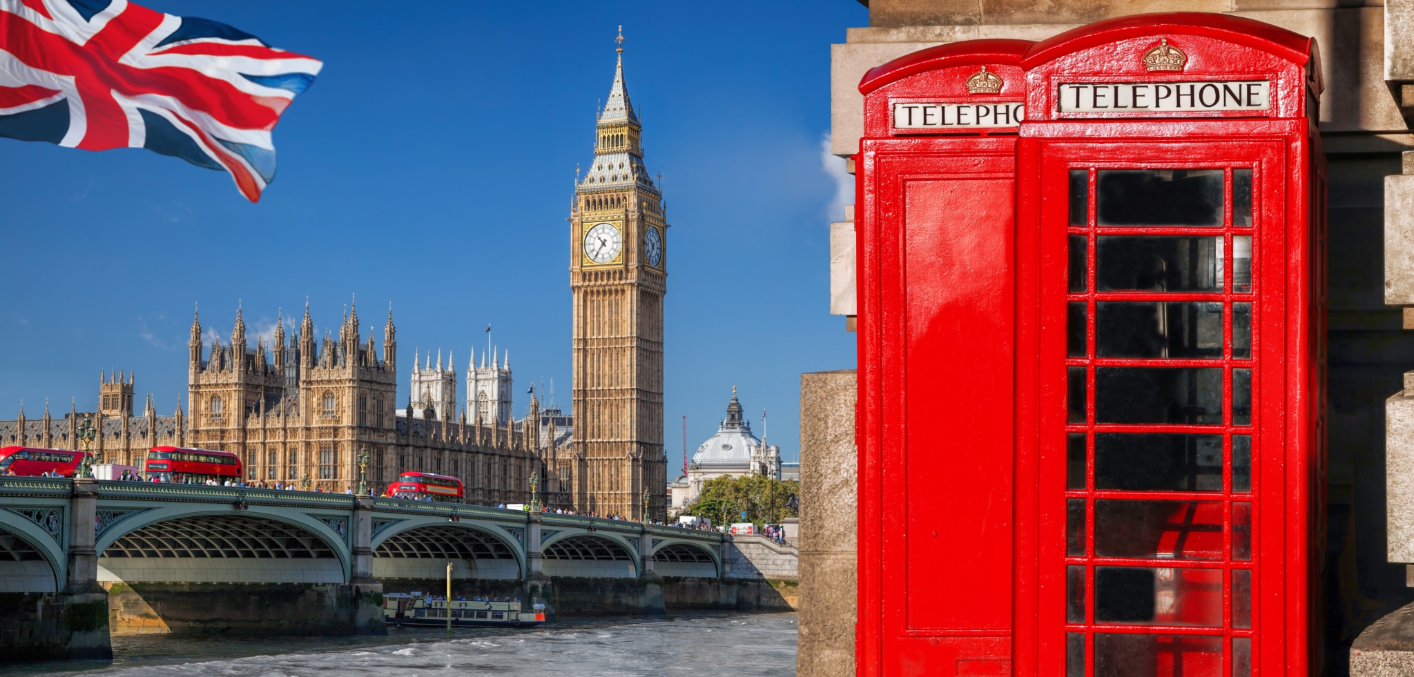 London symbols with BIG BEN, DOUBLE DECKER BUSES and Red Phone Booths in England, UK